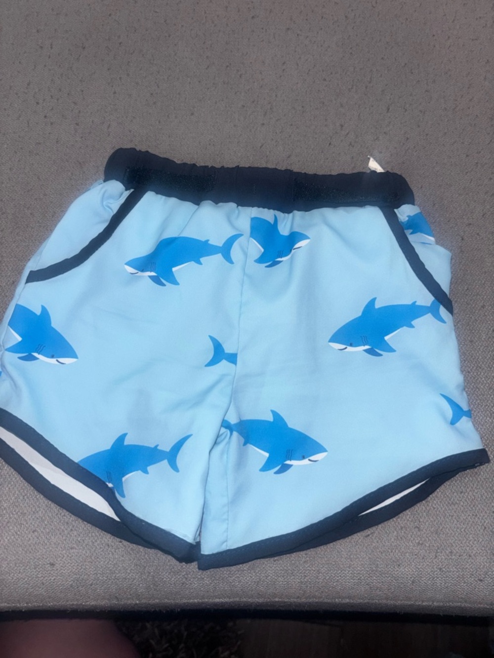 Kids Light Blue Shark Print Swim Trunks